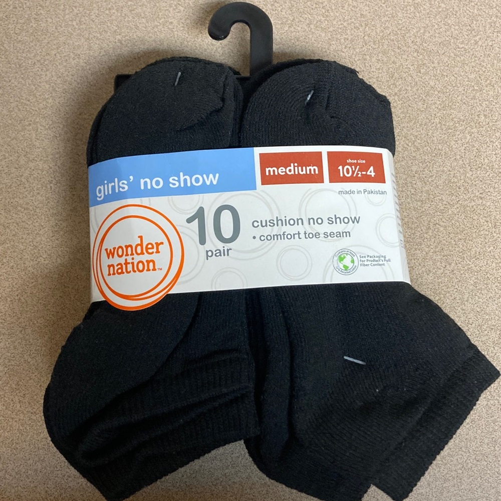 Wonder Nation Girls' Black No Show Socks - 10 Pack